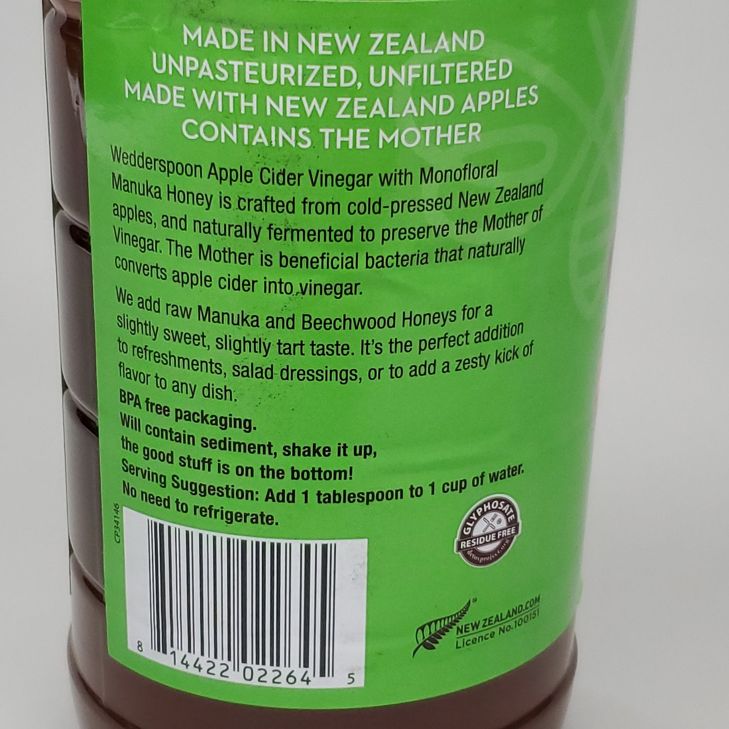 WEDDERSPOON Apple Cider Vinegar W/ Manuka Honey New Zealand 25 FL 9/26 (New)