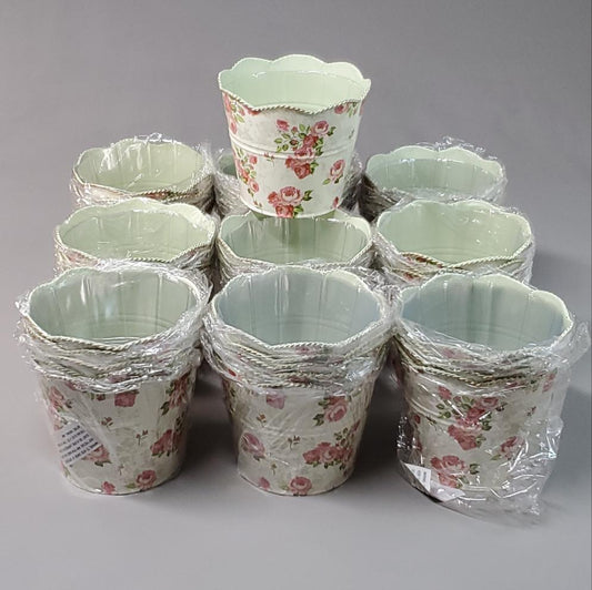 1800FLOWERS 45 Pack Of Damask Metal Buckets/Cans Pink Rose W/ Liners 6” 79232 (New)