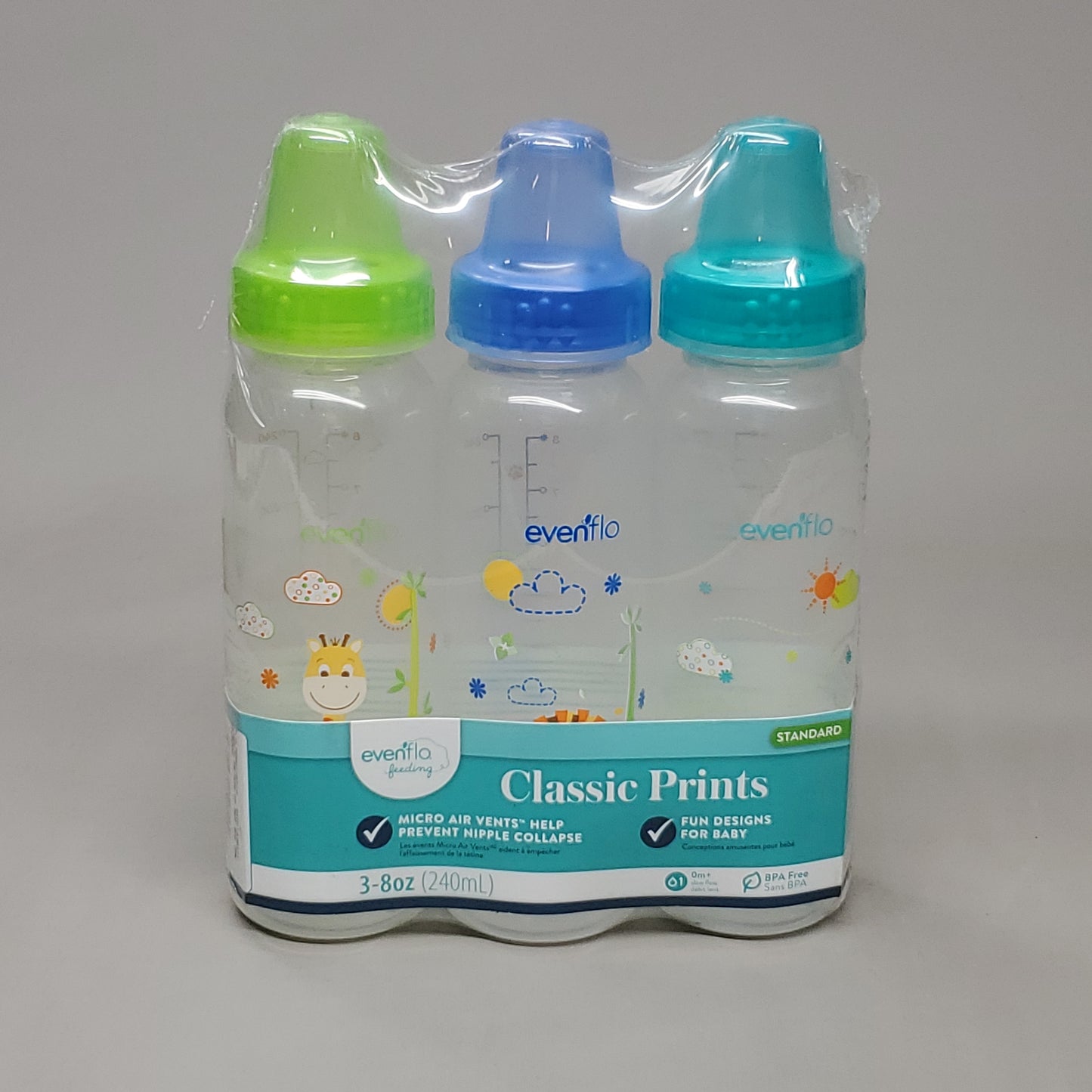 EVENFLO 3-PACK Of Classic Prints Fun Design Standard Baby Bottles 8 oz 3 Colors Blue/Green 1338311 (New)