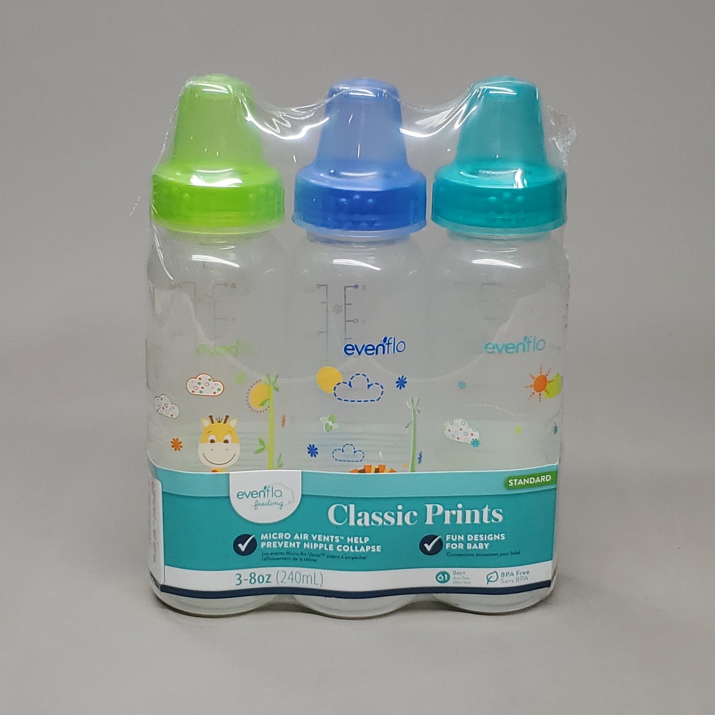 EVENFLO 12-PACK Of Classic Prints Fun Design Standard Baby Bottles 8 oz 3 Colors Blue/Green 1338311 (New)