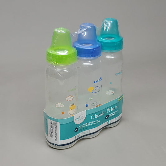 EVENFLO 3-PACK Of Classic Prints Fun Design Standard Baby Bottles 8 oz 3 Colors Blue/Green 1338311 (New)