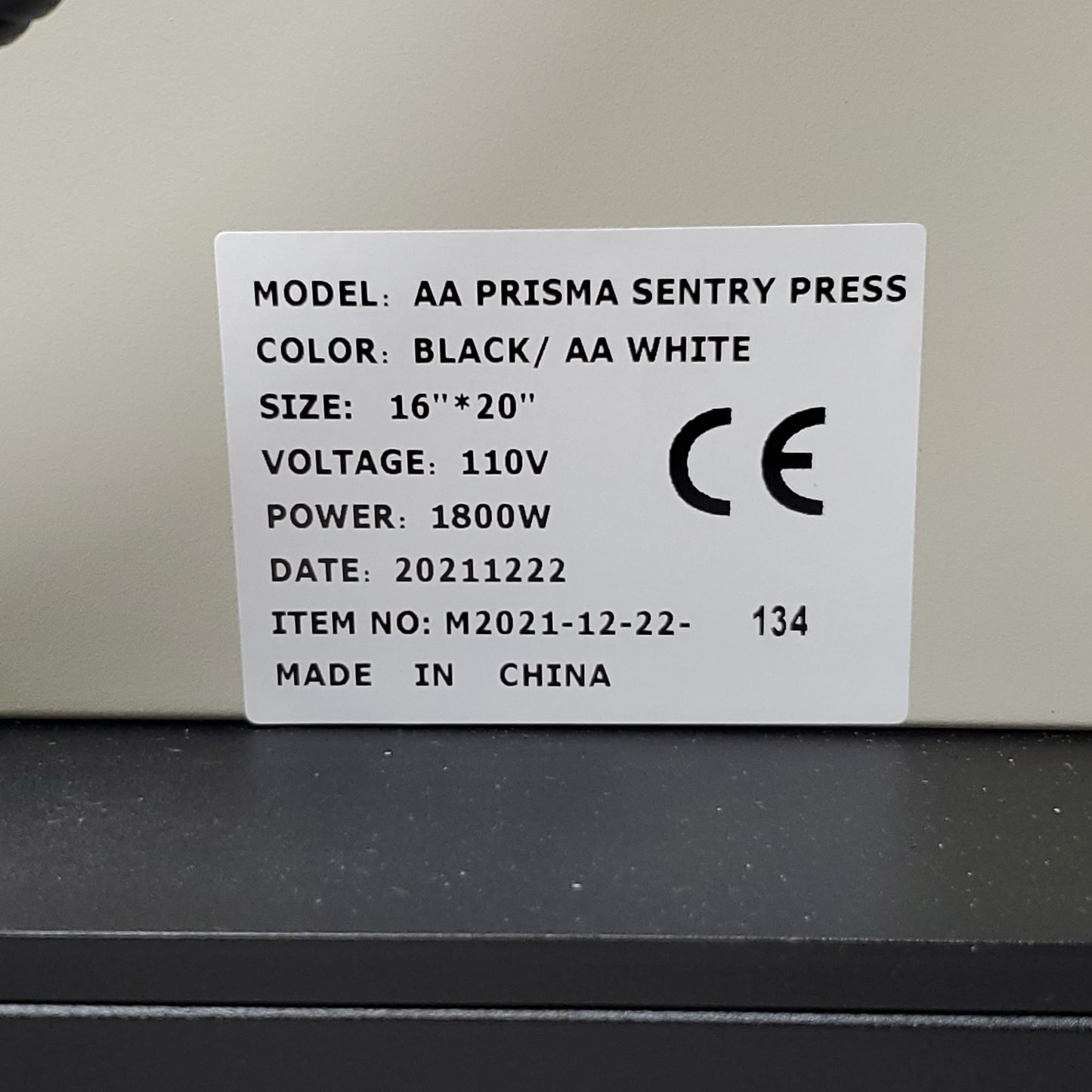 ALL AMERICAN PRINT SUPPLY CO Prisma Sentry Heat Press 16"X20" White/Black (New)