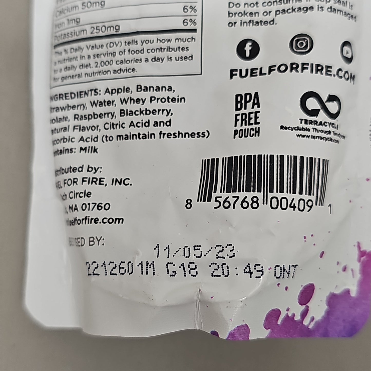 ZA@ FUEL FOR FIRE Protein Fruit Smoothie 4.5 oz Mixed Berry Exp 11/23 (New) E