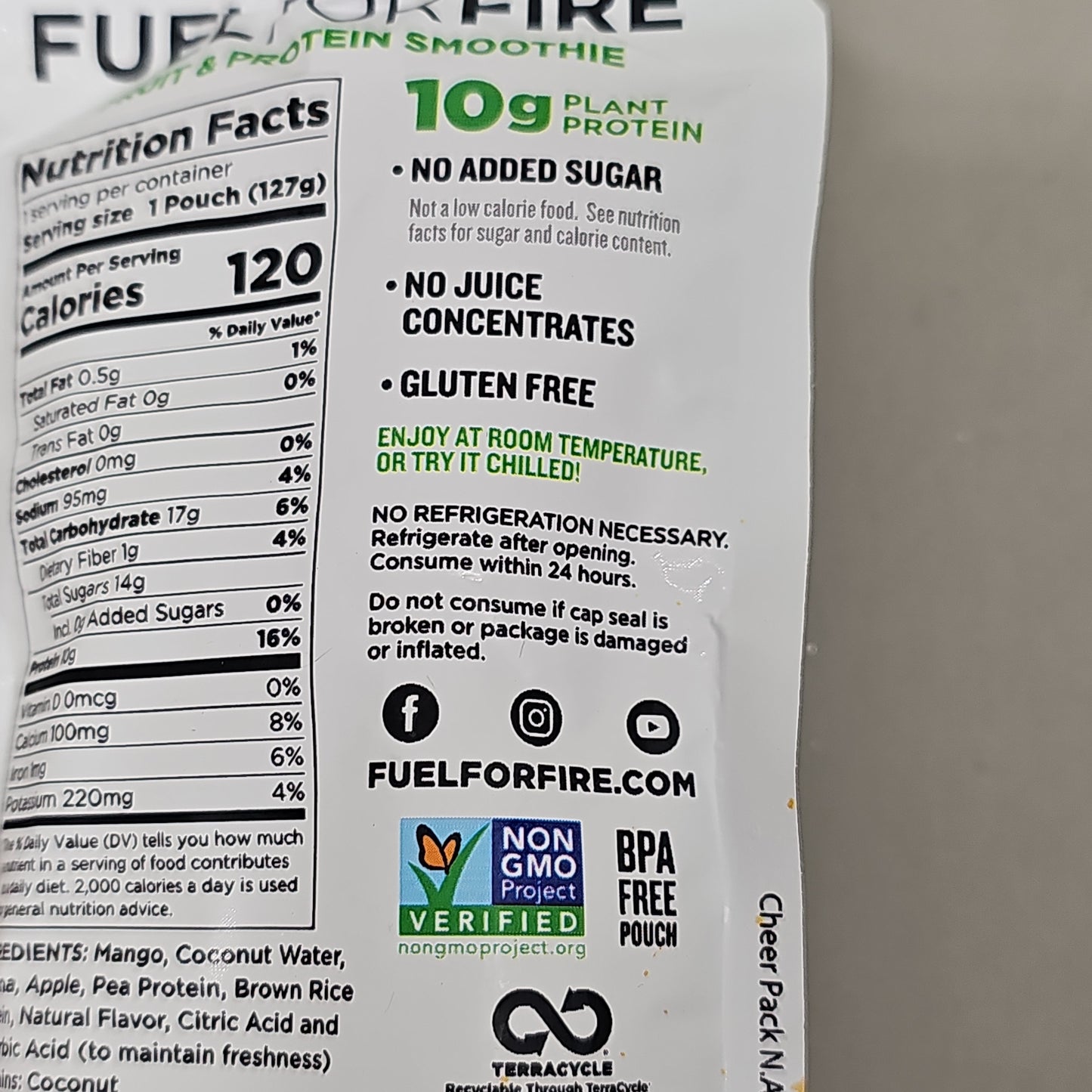 ZA@ FUEL FOR FIRE Protein Fruit Smoothie Pack of 12 4.5 oz Mango Coconut Vegan Exp 10/23 (New)