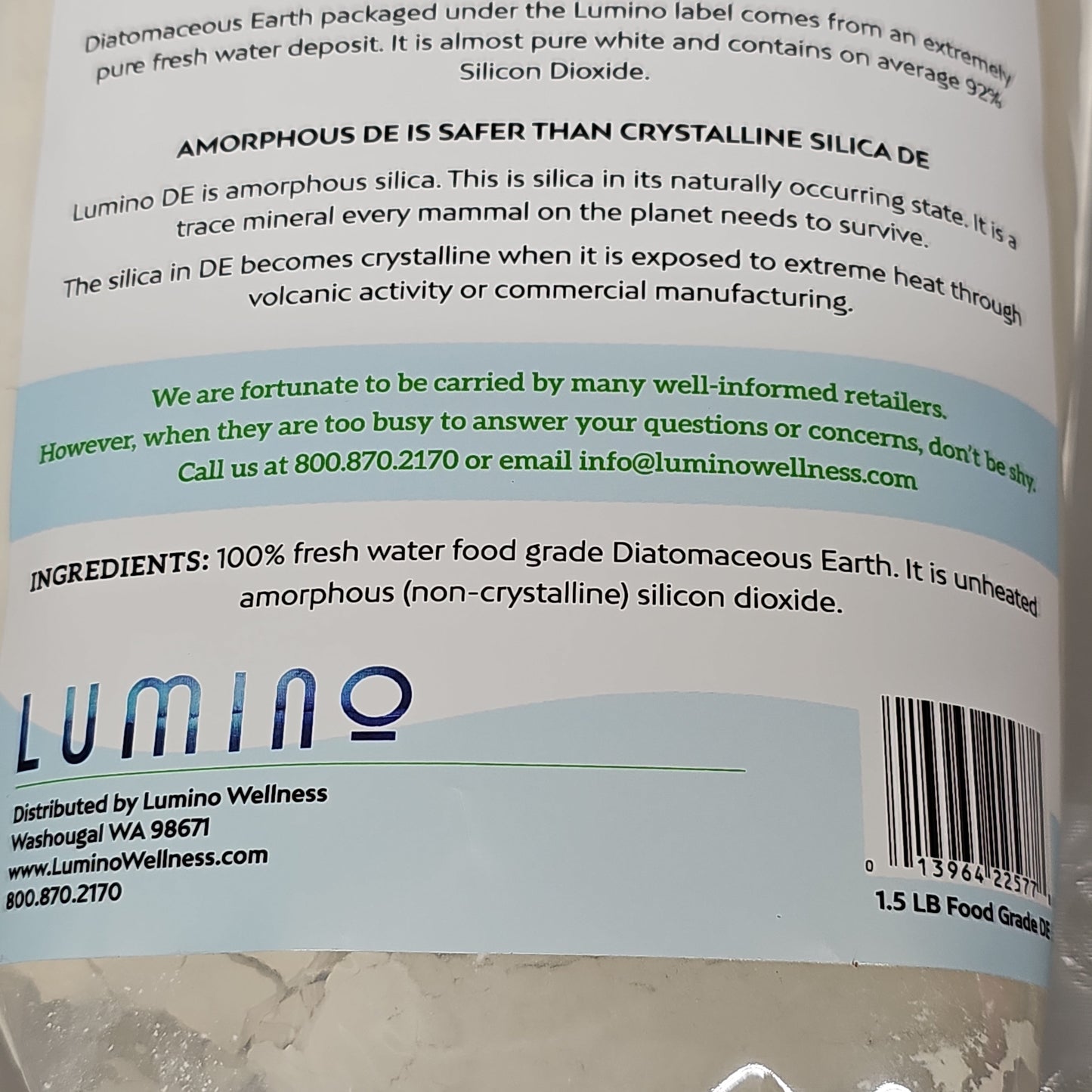 LUMINO Diatomaceous Earth Pure Food Grade 1.5 Lbs BB 01/27 MA632 (New)