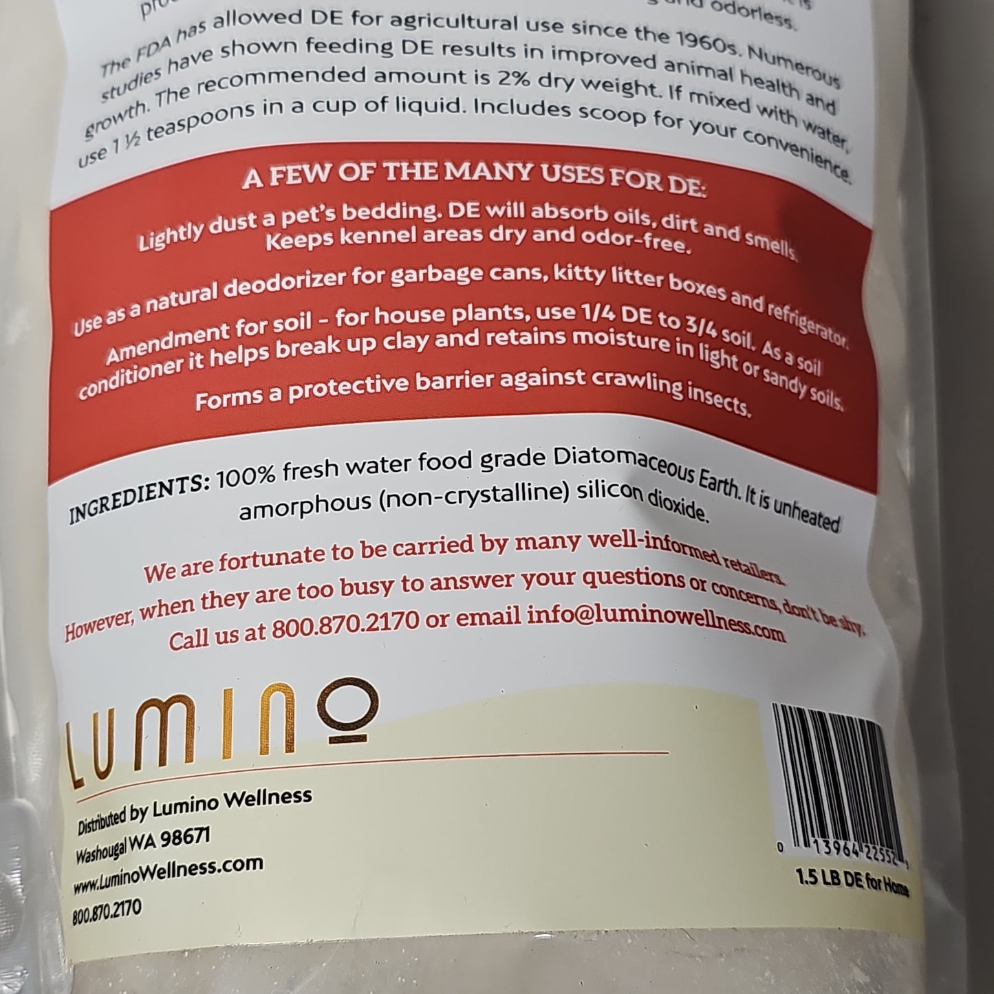 LUMINO Diatomaceous Earth For Your Home Food Grade 1.5 Lbs BB 02/27 MA595 (New)