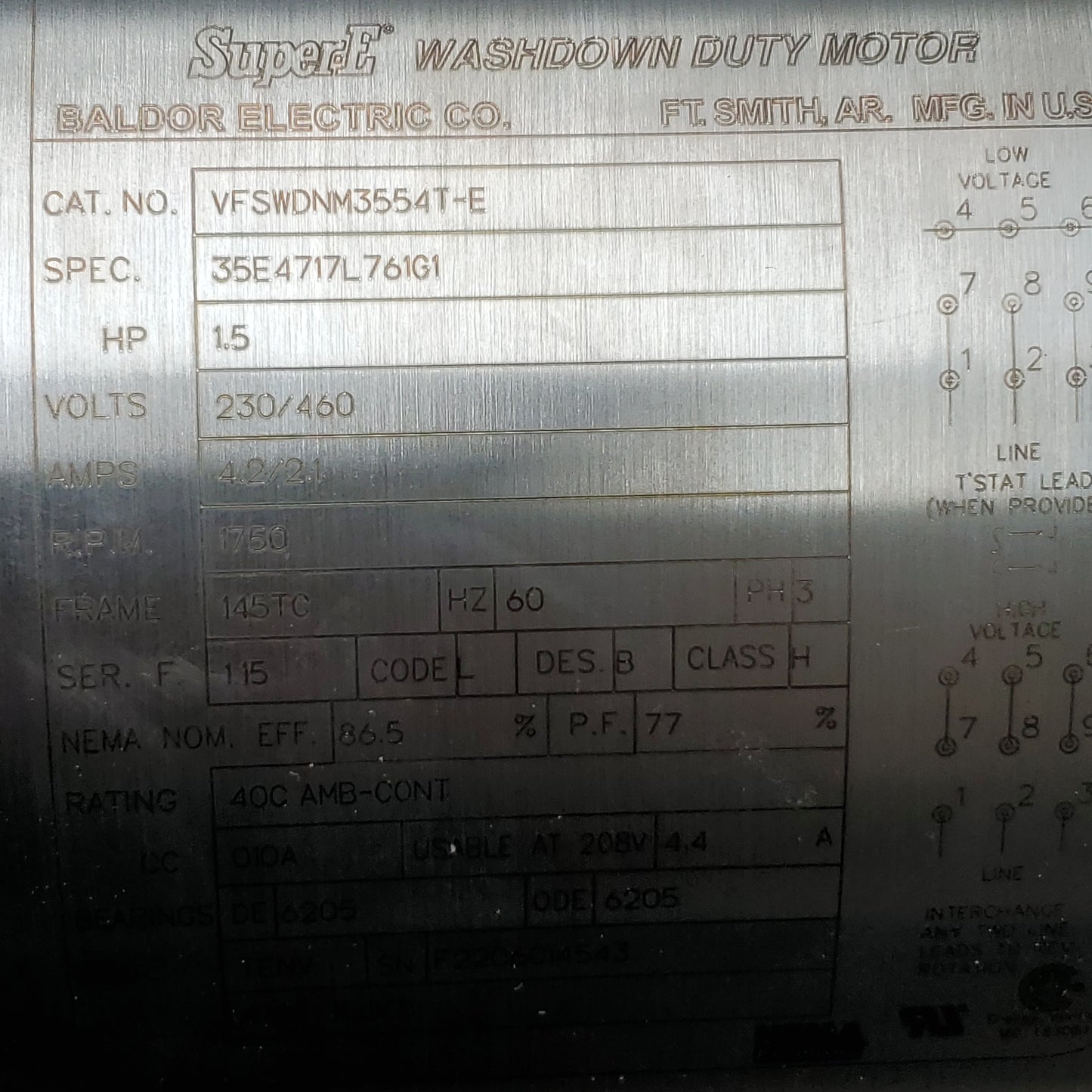 ABB BALDOR RELIENCER Stainless Motor 3 Phase 1.5 HP 230/460V 1750 RPM VFS WDNM3554G - E (New)