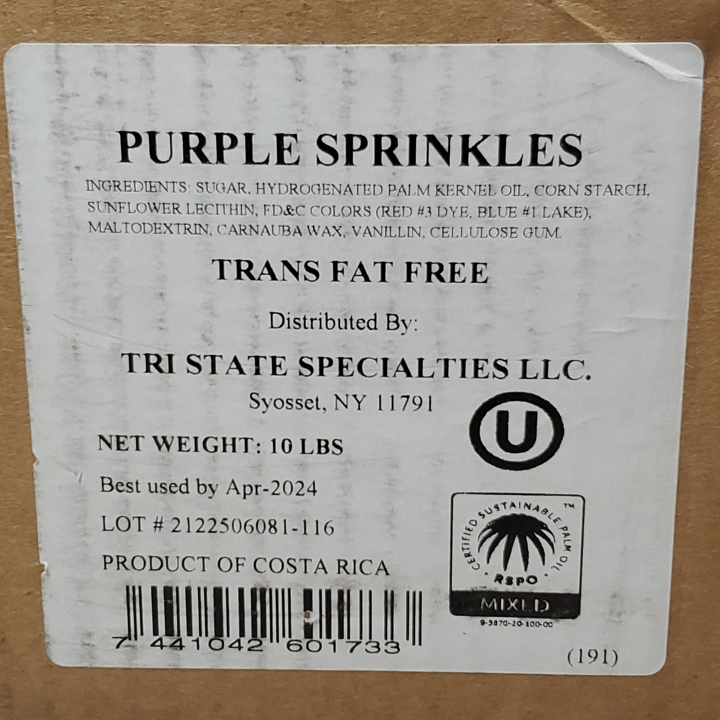 TRI STATE SPECIALTIES LLC Purple Sprinkles 10 LBS (04/24) Trans Fat Free