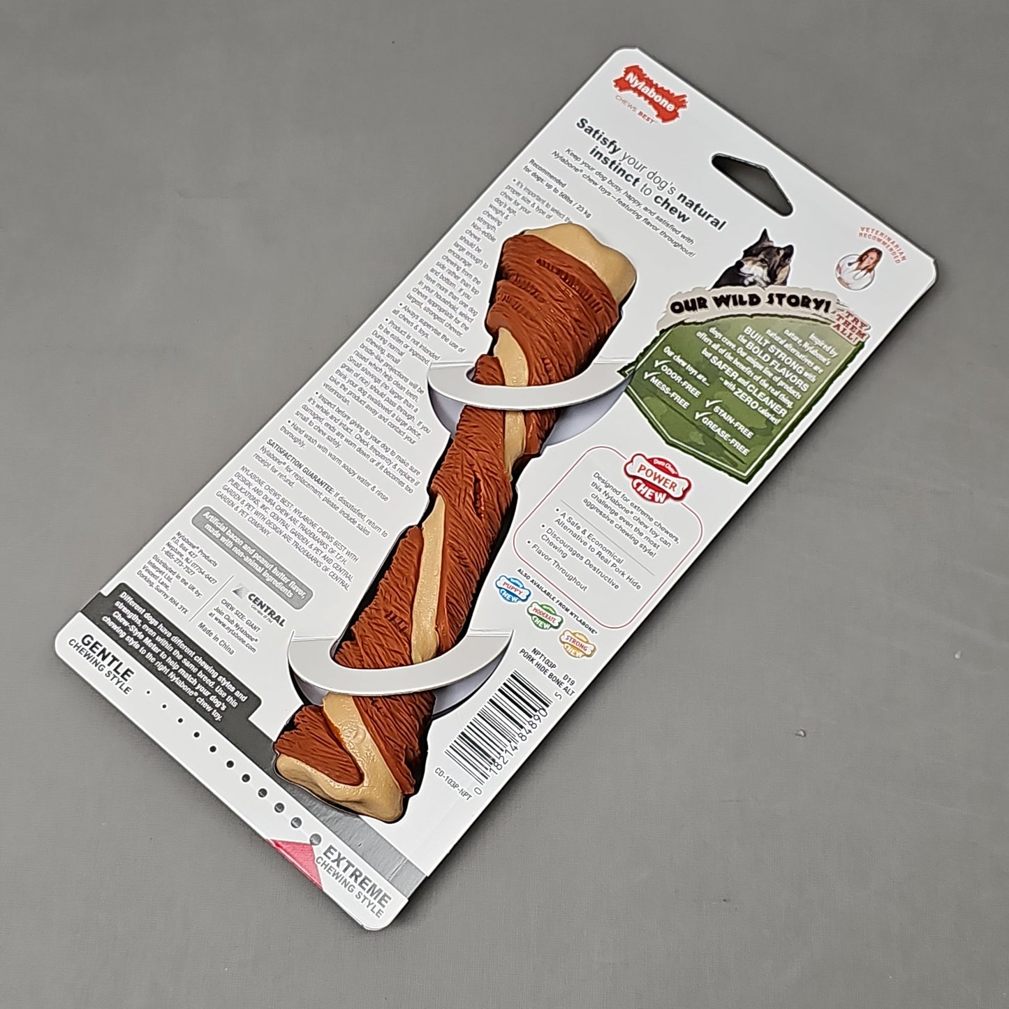z@ NYLABONE Power Chew Pork Hide Bone Alternative Dog Chew Toys Bacon & Peanut Butter NPT103P (New)