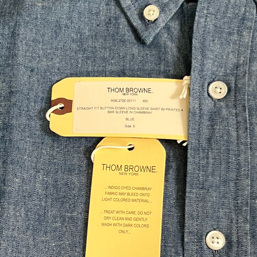 THOM BROWNE Straight Fit Button-Down Long Sleeve Shirt w/printed 4 Bar Sleeve in Chambray Blue Size 5 (NEW)