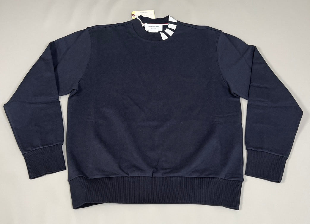 THOM BROWNE New York Classic Mock Neck Sweatshirt in Cotton Loopback W/ 4 Bar Intarsia Neck Trim Navy Size 5 (New)