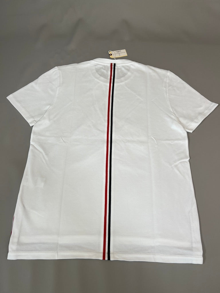 THOM BROWNE New York Relaxed Fit SS Tee w/ CB RWB Stripe in Classic Pique White Size 4 (New)
