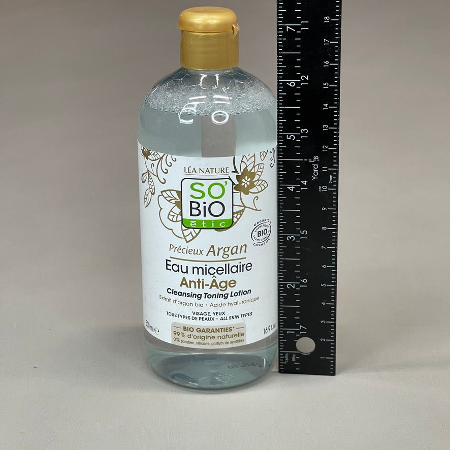 SO BIO etic Precious Argan Cleansing Toning Lotion | 4-in-1 Organic Anti-Aging Micellar Water | No-Rinse Cleanser, Makeup Remover, Toner & Leave On Hydration 16.9 fl oz (New)