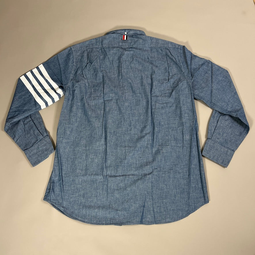 THOM BROWNE Straight Fit Button-Down Long Sleeve Shirt w/printed 4 Bar Sleeve in Chambray Blue Size 5 (NEW)
