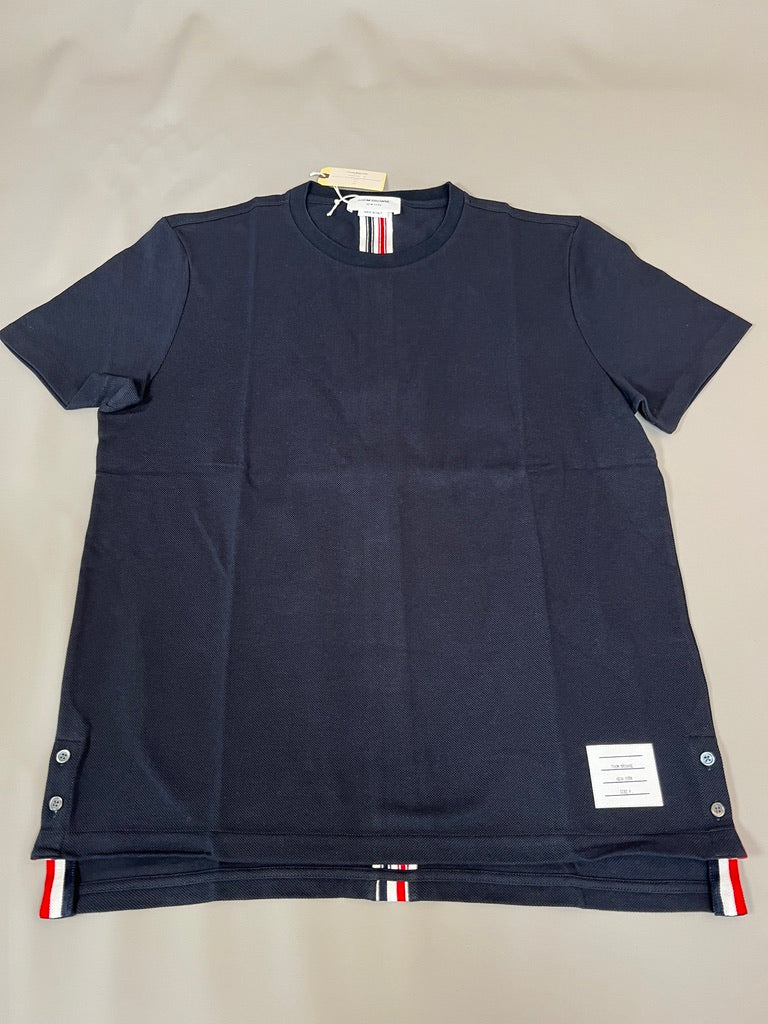 THOM BROWNE New York Relaxed Fit SS Tee w/ CB RWB Stripe in Classic Pique Navy Size 4 (New)
