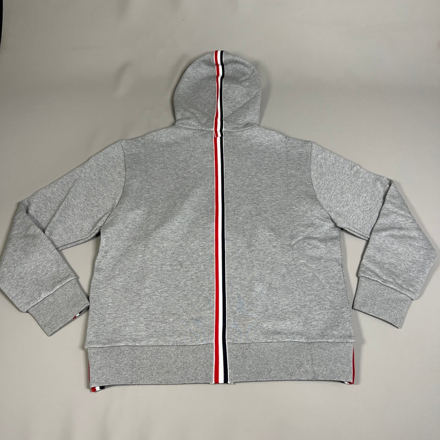 THOM BROWNE Hoodie Zip Up Pullover in Classic Loop Back w/Center Back RWB Stripe Lt Grey Size 2 (New)