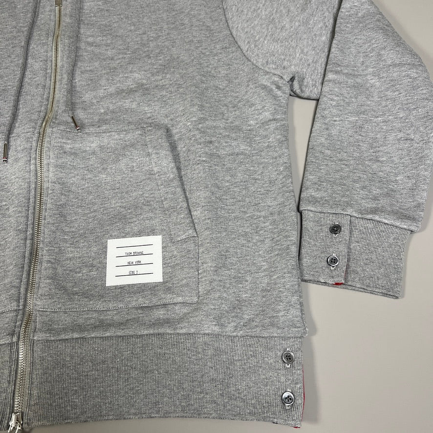 THOM BROWNE Hoodie Zip Up Pullover in Classic Loop Back w/Center Back RWB Stripe Lt Grey Size 2 (New)