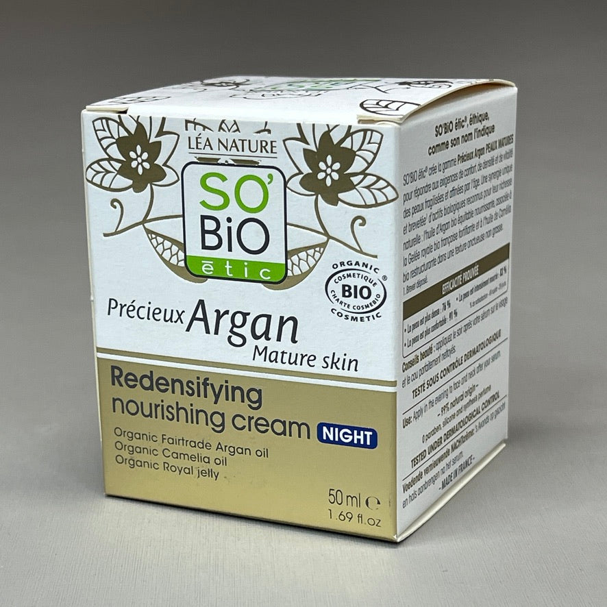 SO BIO etic Precious Argan Redensifying Nourishing Night Cream | Organic Anti-Aging Overnight Moisturizer for Dry Skin & Deep Hydration 1.69 fl oz (New)