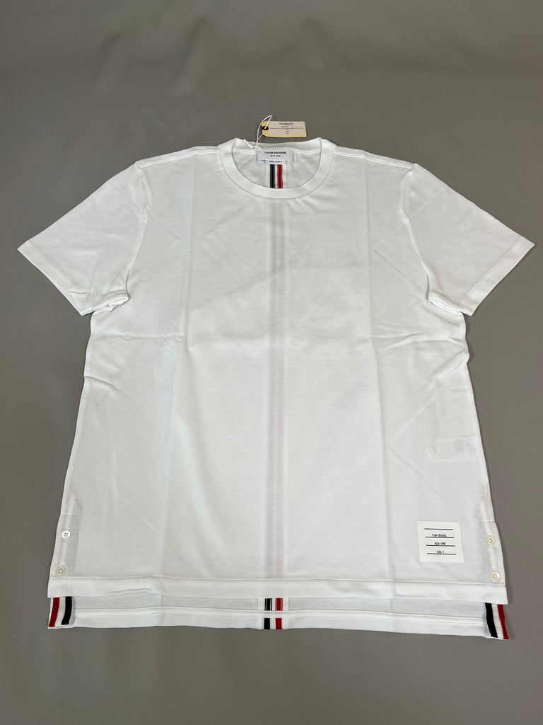 THOM BROWNE New York Relaxed Fit SS Tee w/ CB RWB Stripe in Classic Pique White Size 4 (New)