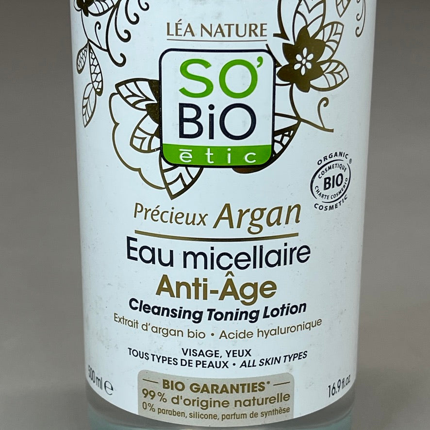 SO BIO etic Precious Argan Cleansing Toning Lotion | 4-in-1 Organic Anti-Aging Micellar Water | No-Rinse Cleanser, Makeup Remover, Toner & Leave On Hydration 16.9 fl oz (New)
