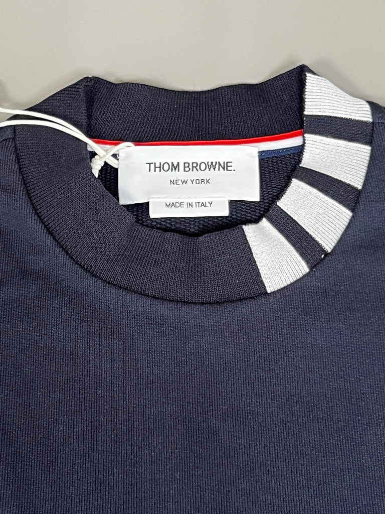 THOM BROWNE New York Classic Mock Neck Sweatshirt in Cotton Loopback W/ 4 Bar Intarsia Neck Trim Navy Size 0 (New)