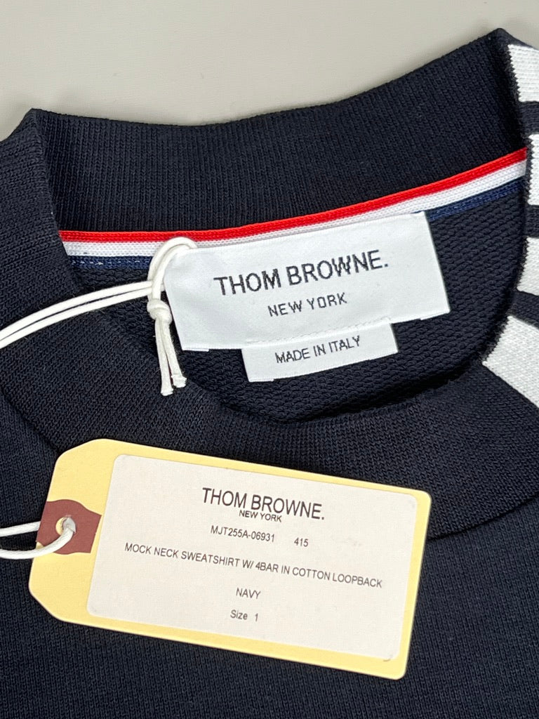 THOM BROWNE New York Classic Mock Neck Sweatshirt in Cotton Loopback W/ 4 Bar Intarsia Neck Trim Navy Size 1 (New)