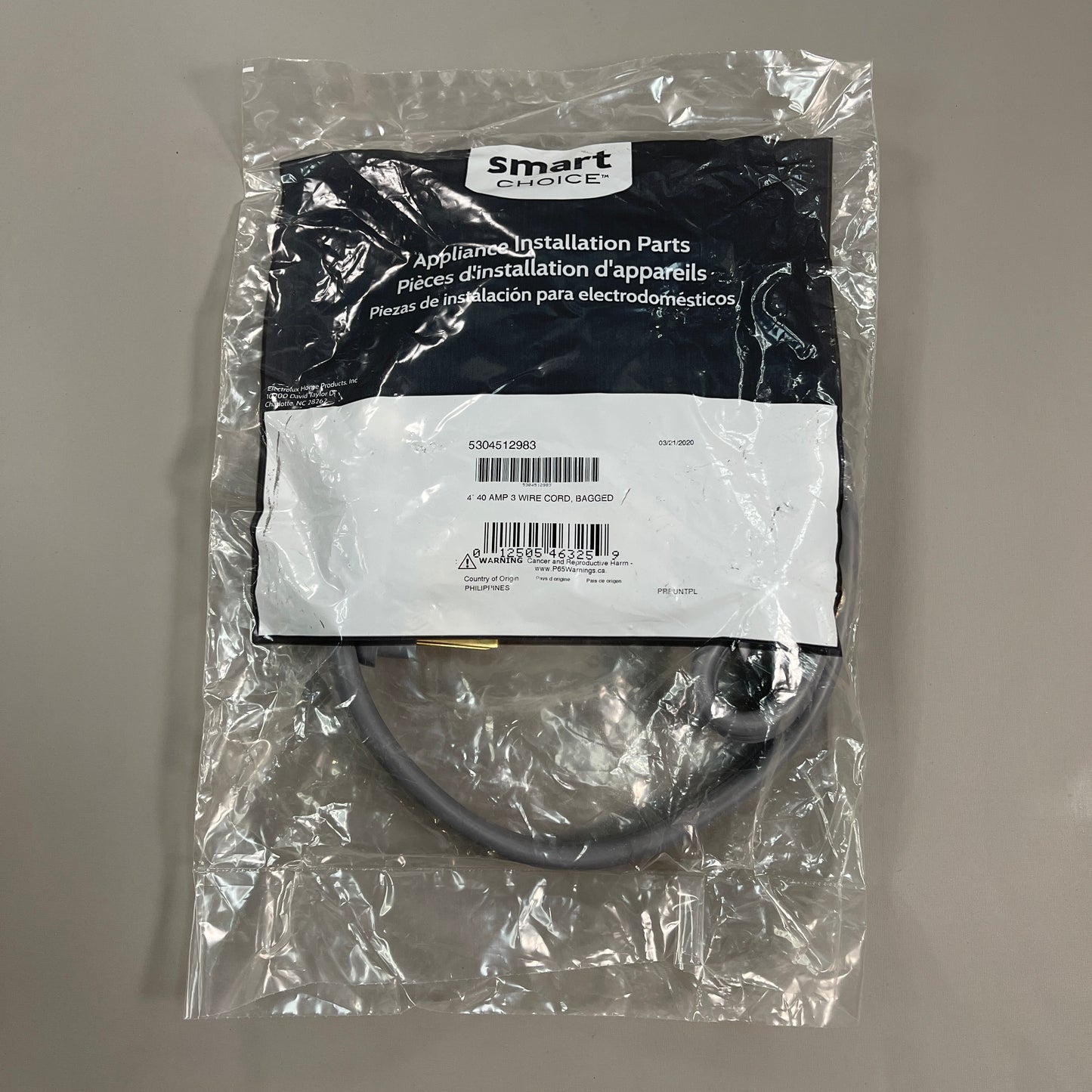 ELECTROLUX Smart Choice (4 ft) 40 AMP 3 Wire Gray Cord 5304512983 (New)