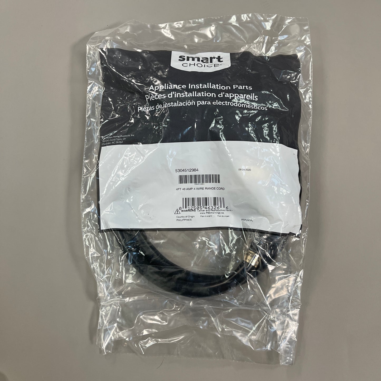 ELECTROLUX Smart Choice 40 AMP 4-Wire Range Black Cord (4 ft) 5304512984 (New)