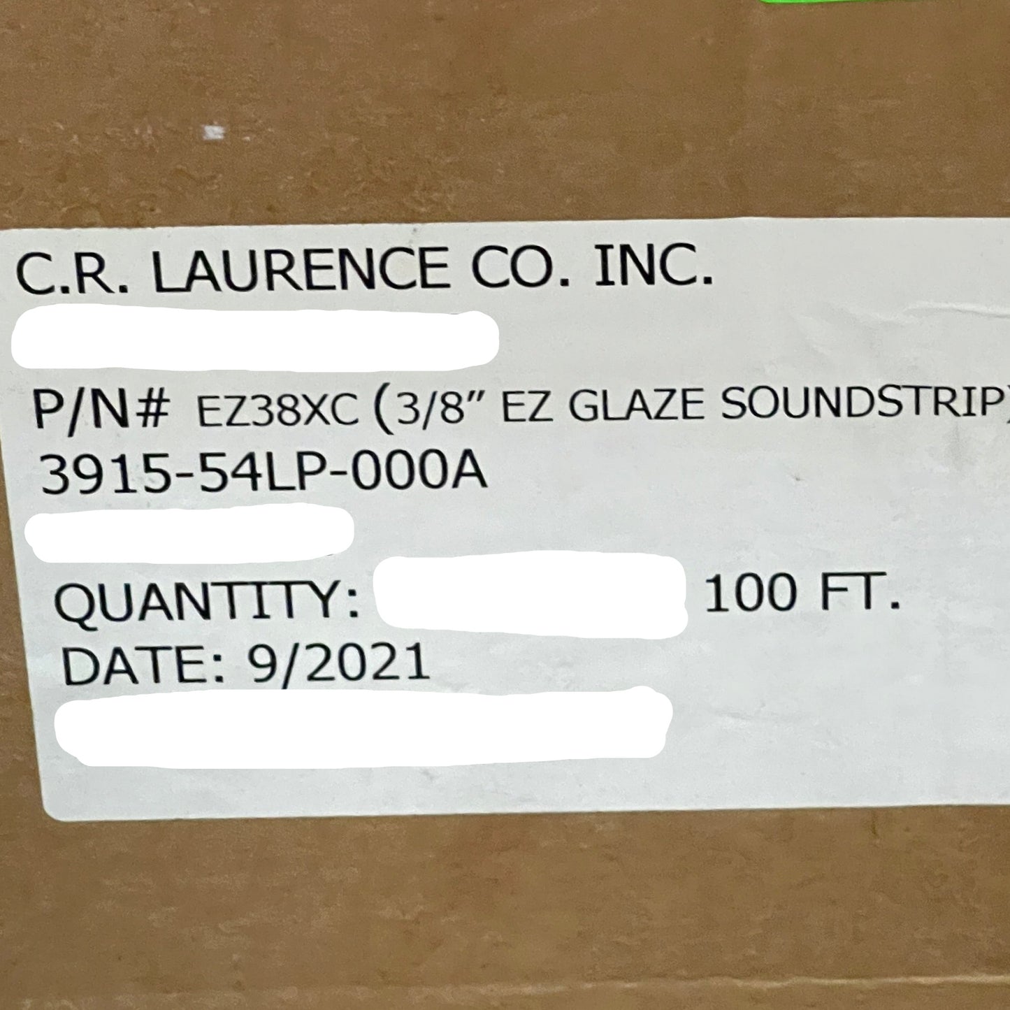CR LAURENCE EZ Glaze Soundstrip Extruded Silicone Gasket 3/8" Clear 100' EZ38XC (New)
