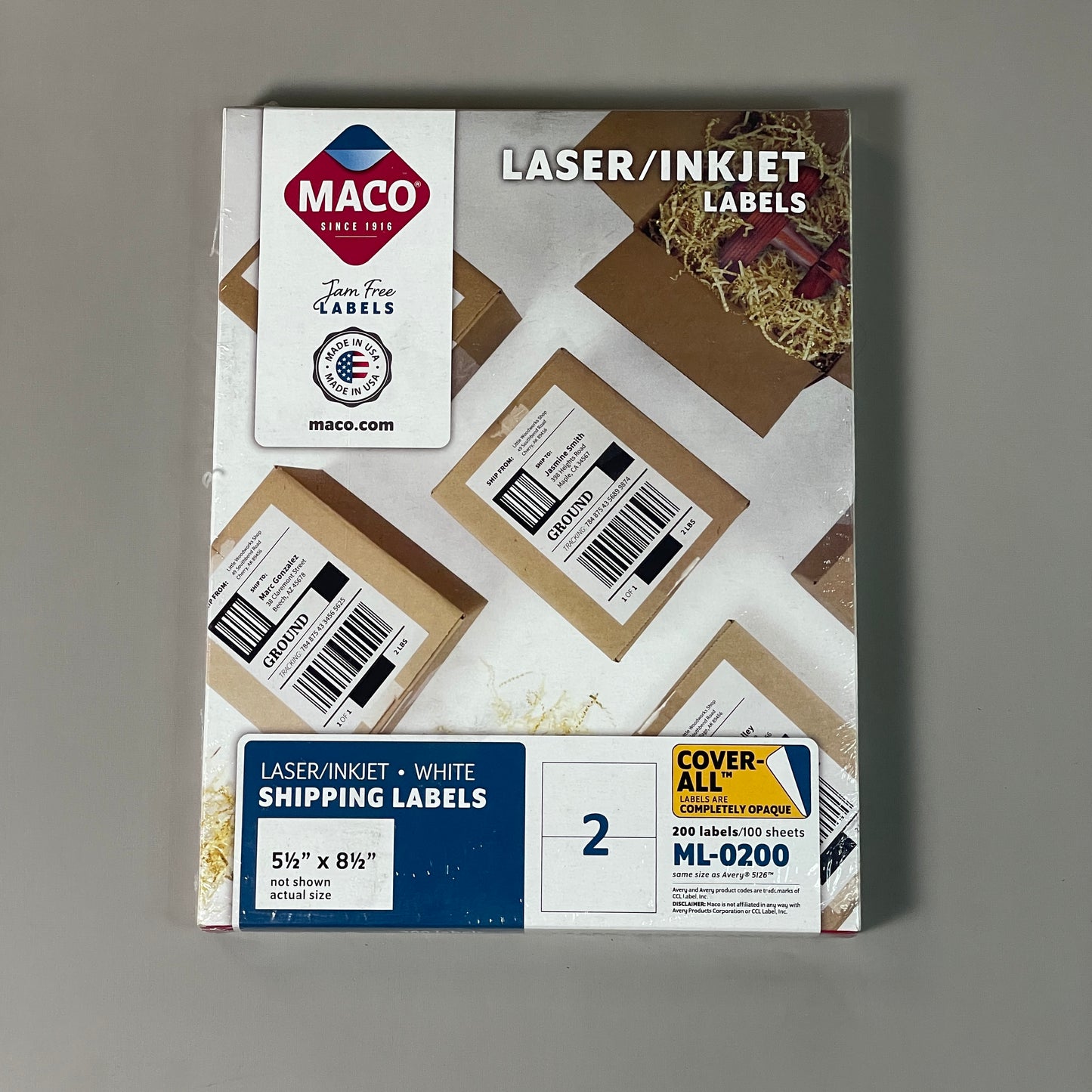 MACO Laser / Ink Jet White Shipping Labels 5.5" x 8.5” 200 Labels (100 sheets) ML-0200