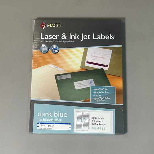 MACO Laser / Ink Jet File Folder Labels, 2/3” x 3-7/16” 1500 Labels White, Blue Trim ML-FF35