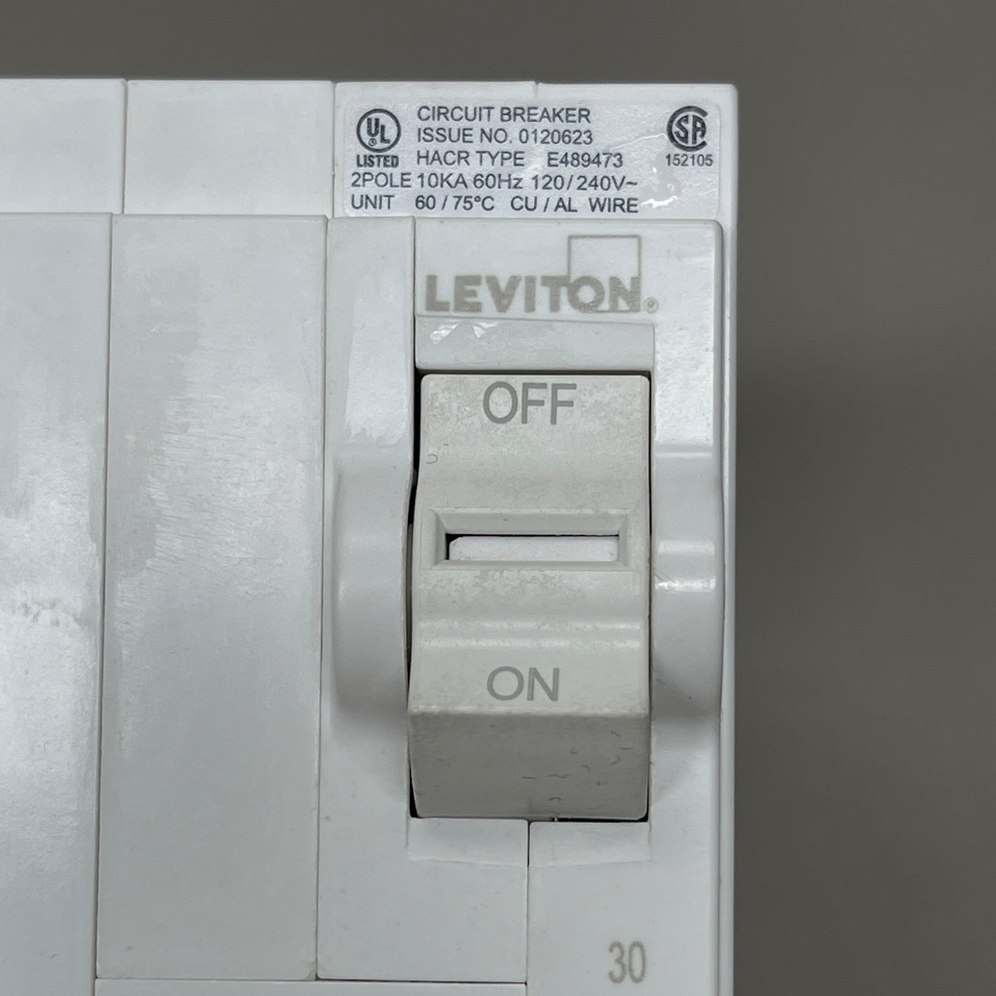 LEVITON 30A 2-Pole Plug-In Circuit Breaker 120/240V White 200-LB230-T (New)