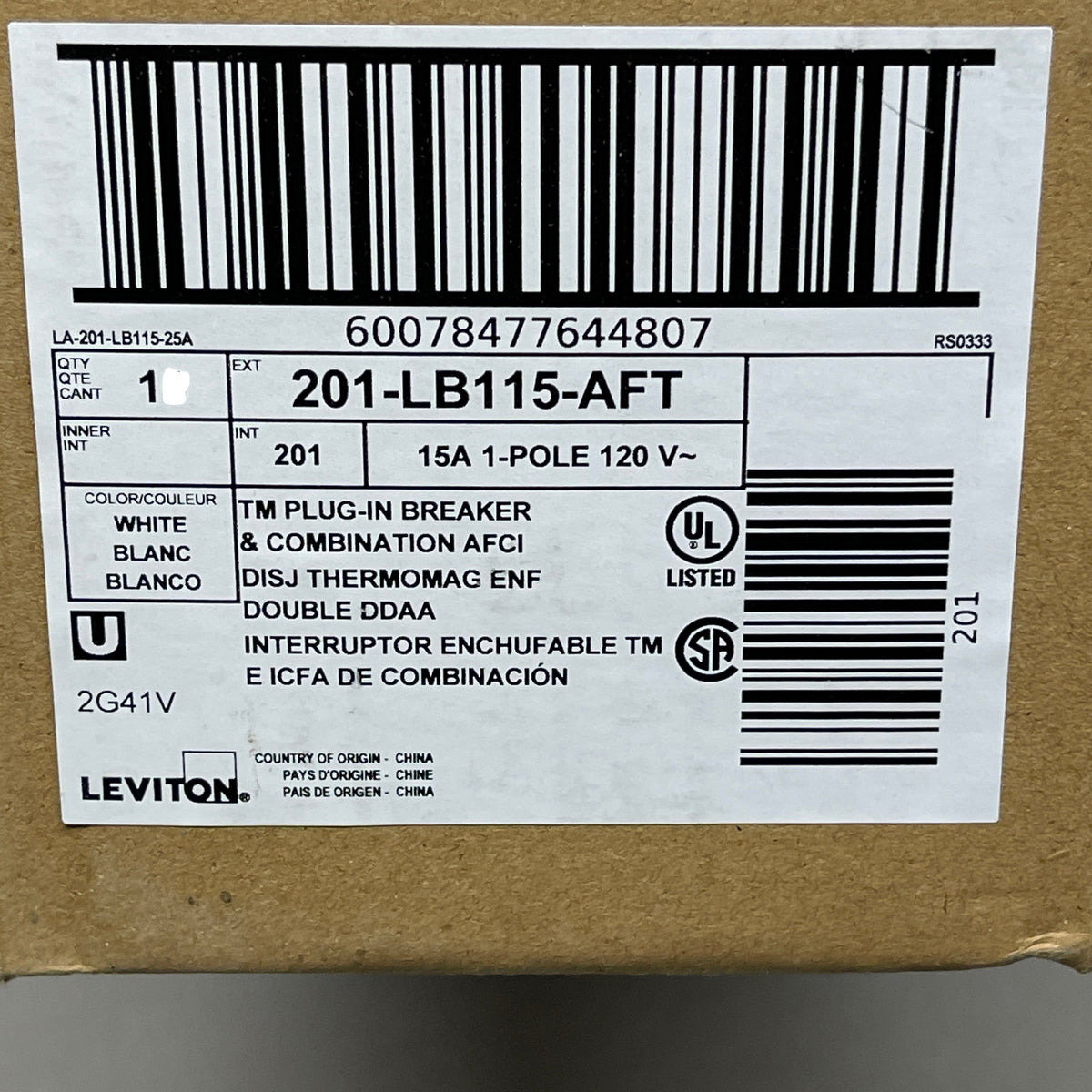 LEVITON 15A 1-Pole Plug-In Circuit Breaker & AFCI White 201-LB115-AFT (New)
