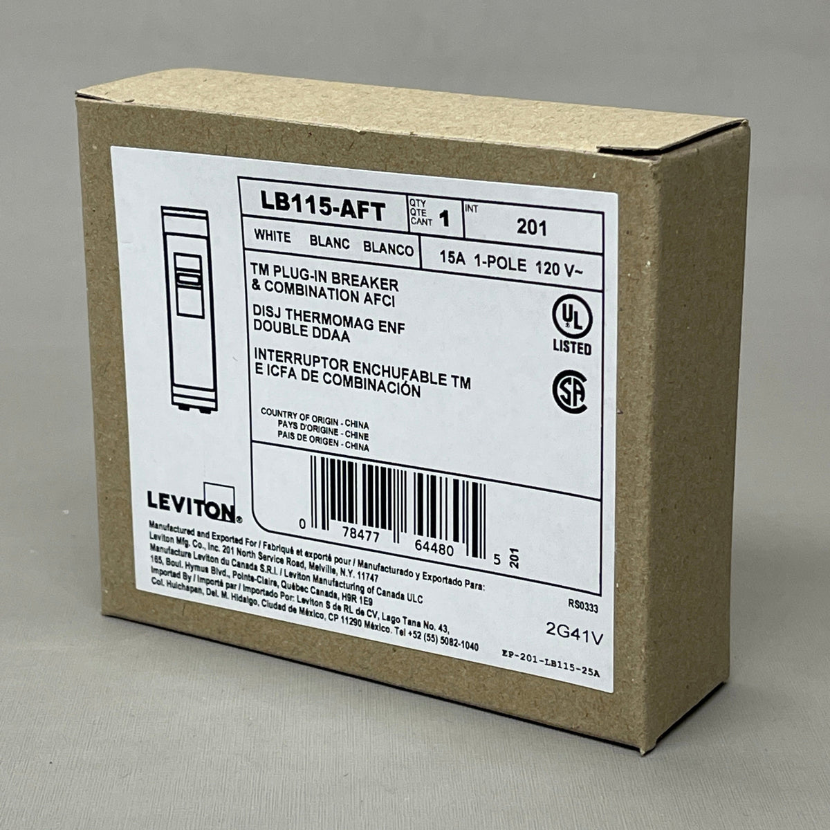 LEVITON 15A 1-Pole Plug-In Circuit Breaker & AFCI White 201-LB115-AFT (New)