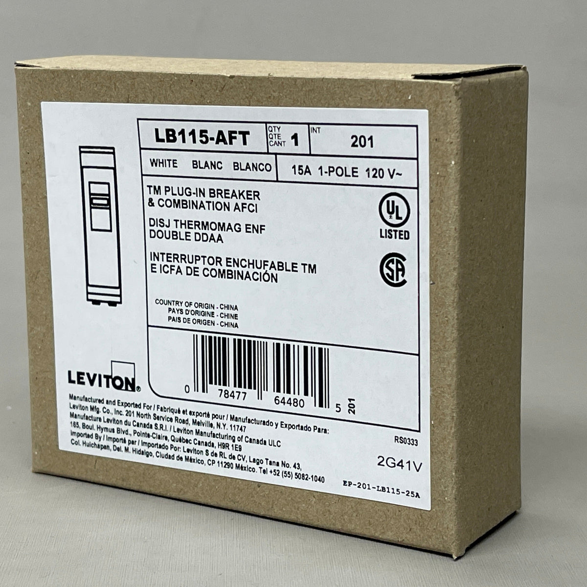 LEVITON 15A 1-Pole Plug-In Circuit Breaker & AFCI White 201-LB115-AFT (New)