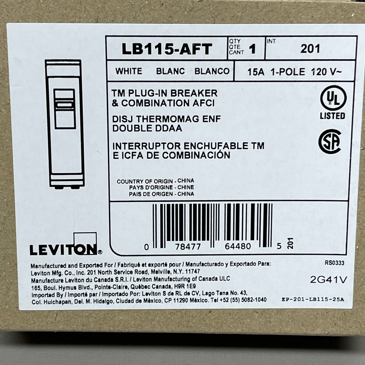 LEVITON 15A 1-Pole Plug-In Circuit Breaker & AFCI White 201-LB115-AFT (New)