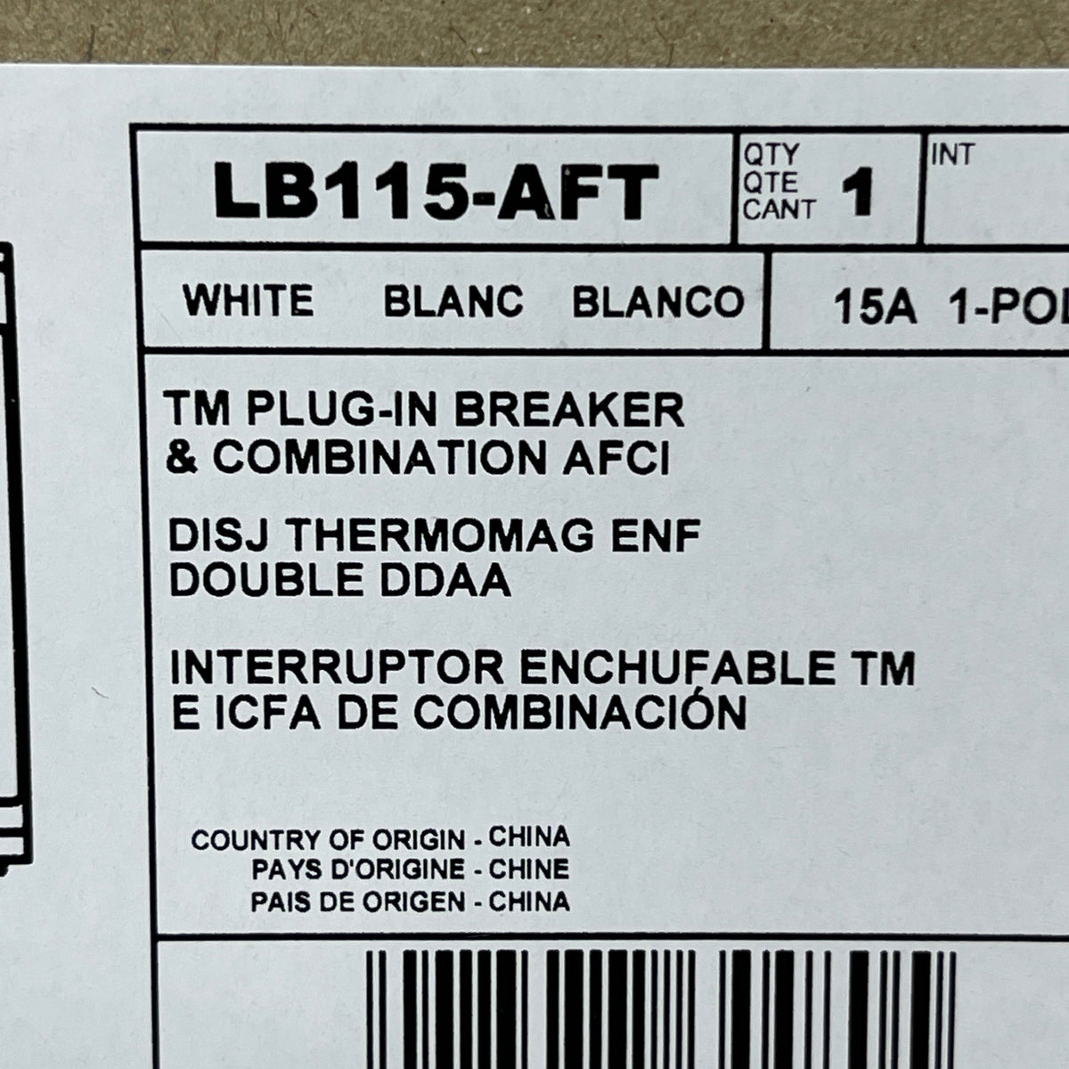 LEVITON 15A 1-Pole Plug-In Circuit Breaker & AFCI White 201-LB115-AFT (New)