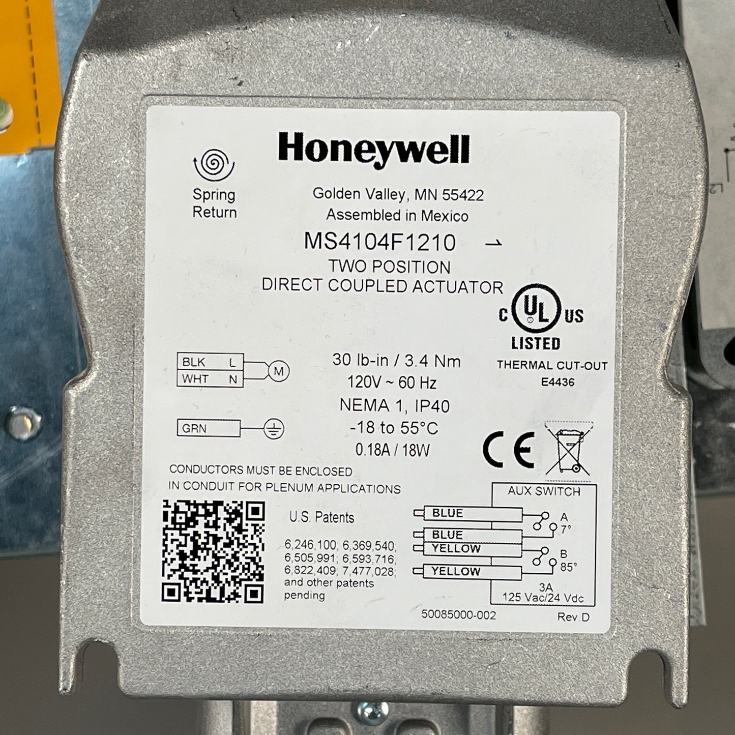 HONEYWELL Damper HVAC 2000FPM w/Actuator Assembly FSD-311-8x8 8" x 8" (New)