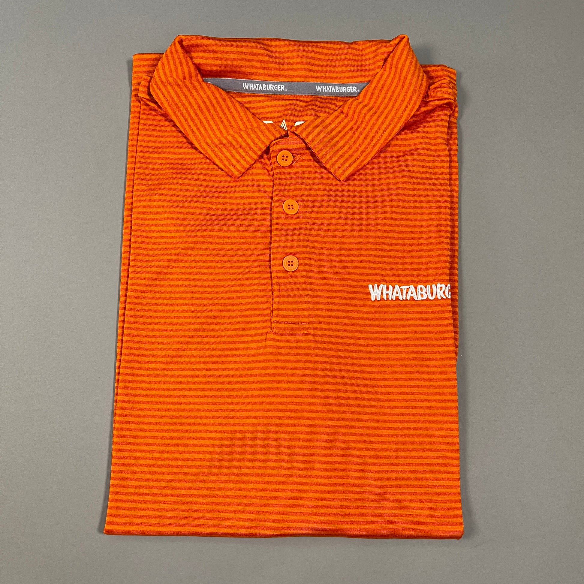 WHATABURGER Uniform Crew Polo Stripe Shirt Unisex Sz L Orange