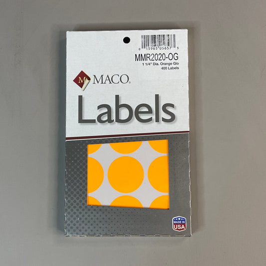 MACO Round ORANGE GLOW Color-Coding Labels 1-1/4” Dia. 400 Labels MR2020-OG