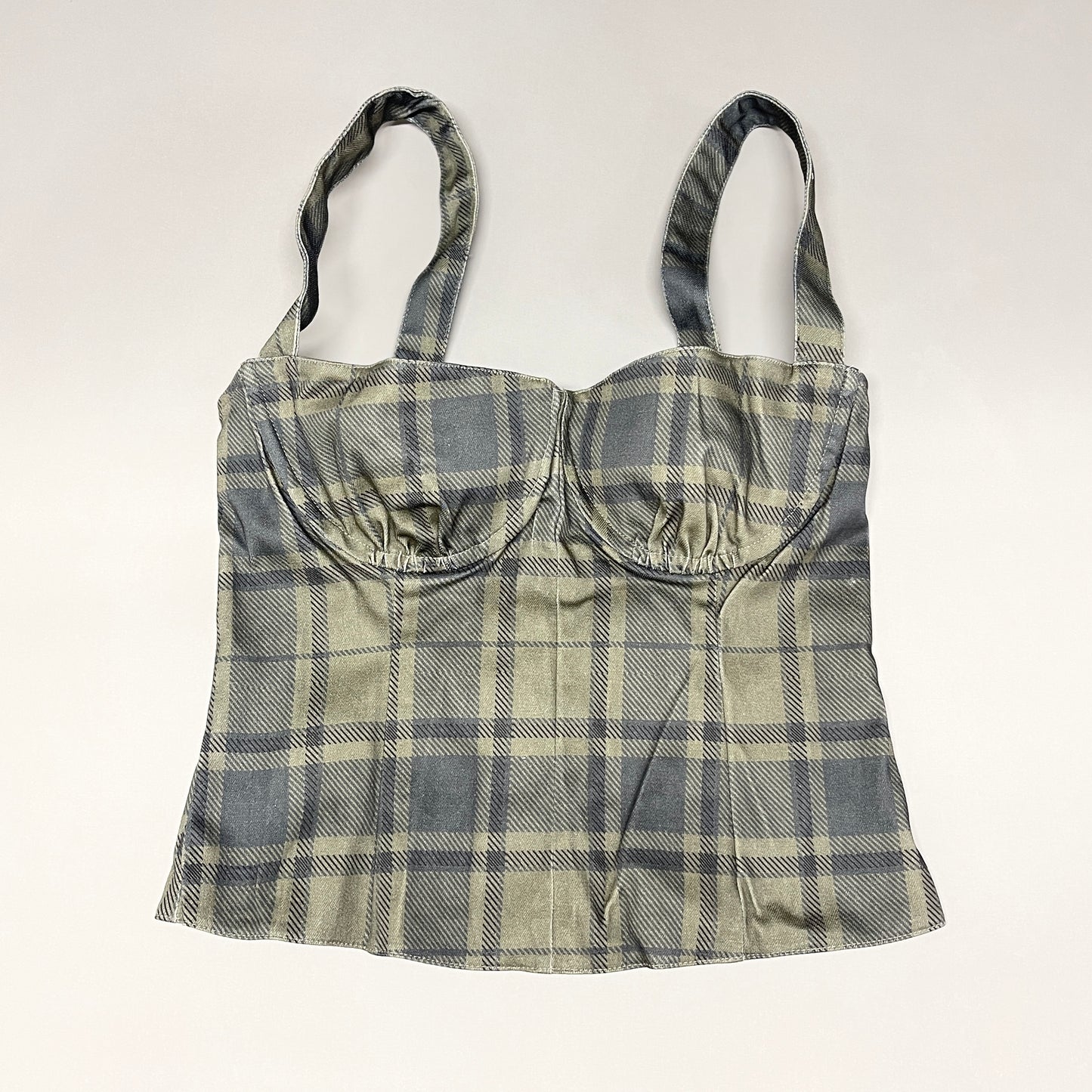 WE WORE WHAT Cropped Denim Corset Women's Sz L ZRN Cool Plaid Green (New)