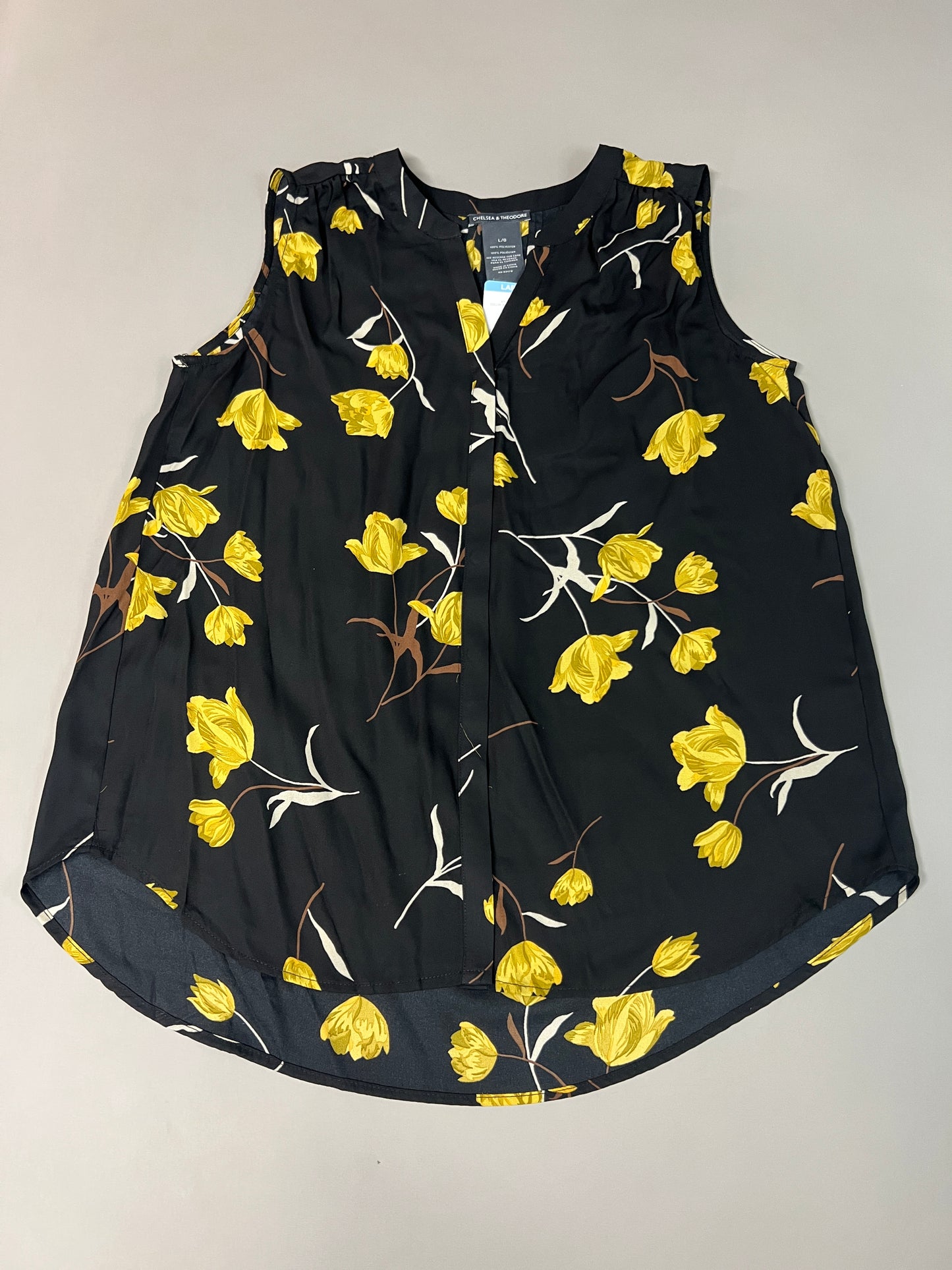 CHELSEA & THEODORE Sleeveless Blouse Women's Size L Black/Yellow Tulip 2165072 (NEW)