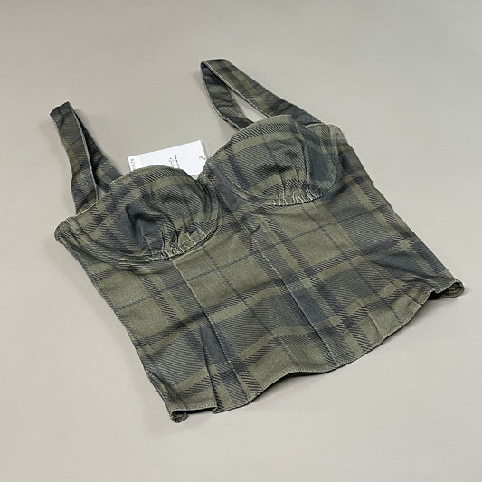 WE WORE WHAT Cropped Denim Corset Women's Sz XS ZRN Cool Plaid Green (New)