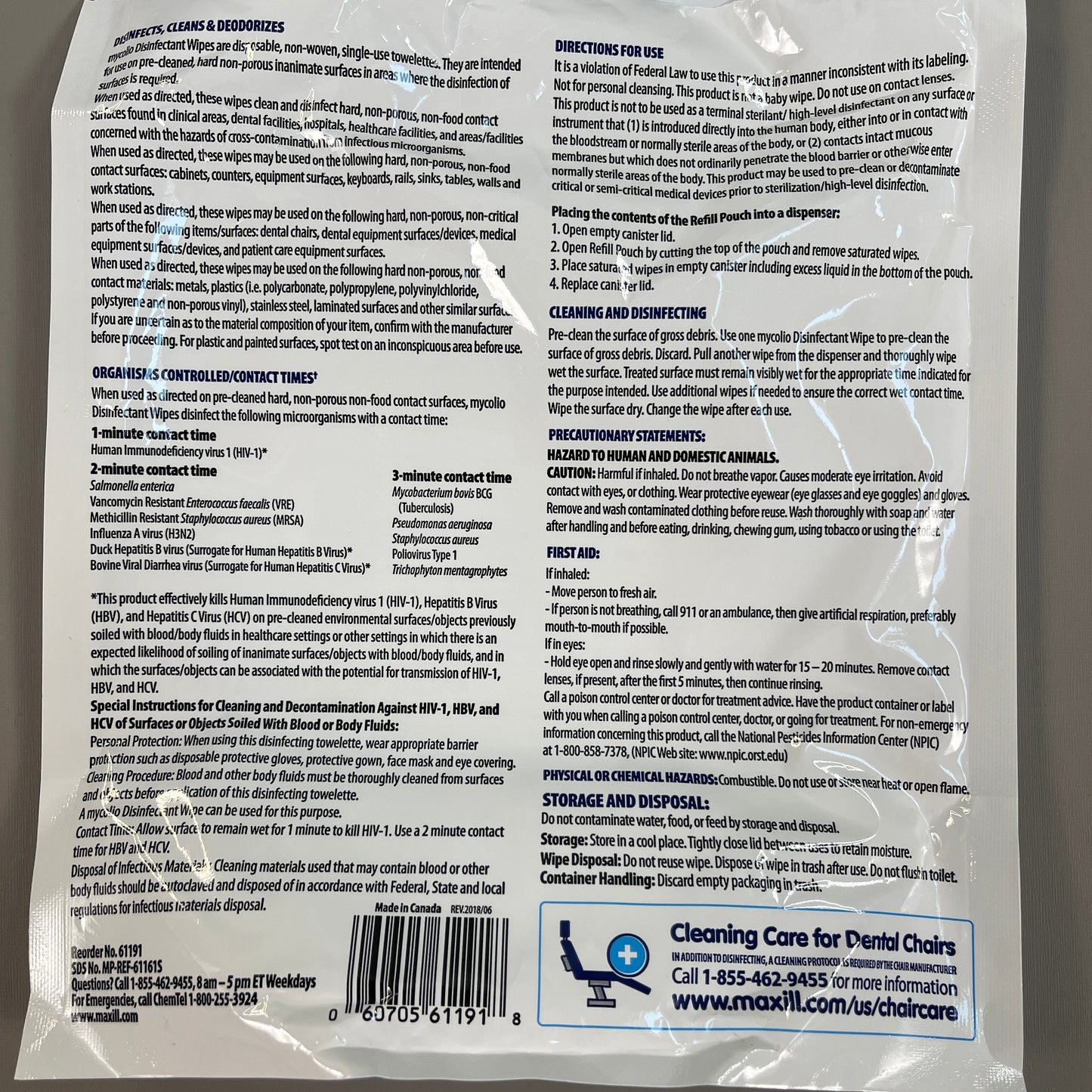 Z@ MYCOLIO (MAXILL) Disinfectant Wipes - CASE OF 8 REFILL BAGS! Expires 07/22 (New) A