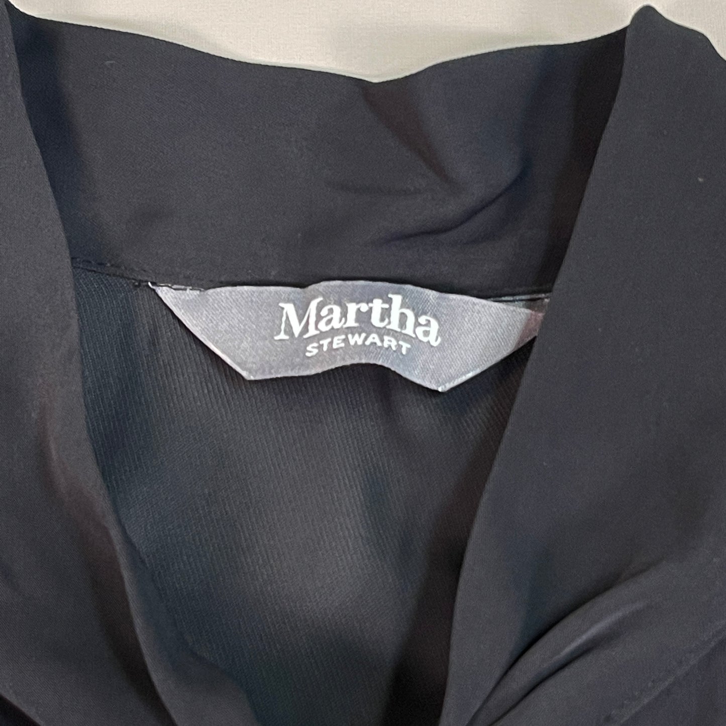 MARTHA STEWART Woven Front Button Blouse Top Tie Neck Women's Sz L Francesca Black (New)
