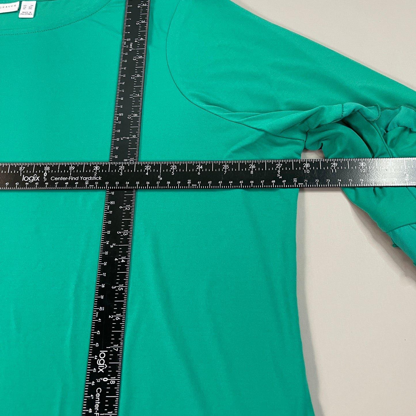 SUSAN GRAVER Liquid Knit Top W/ Sheer Chiffon Ruffles Women's Sz 3XL Jade Green (New)