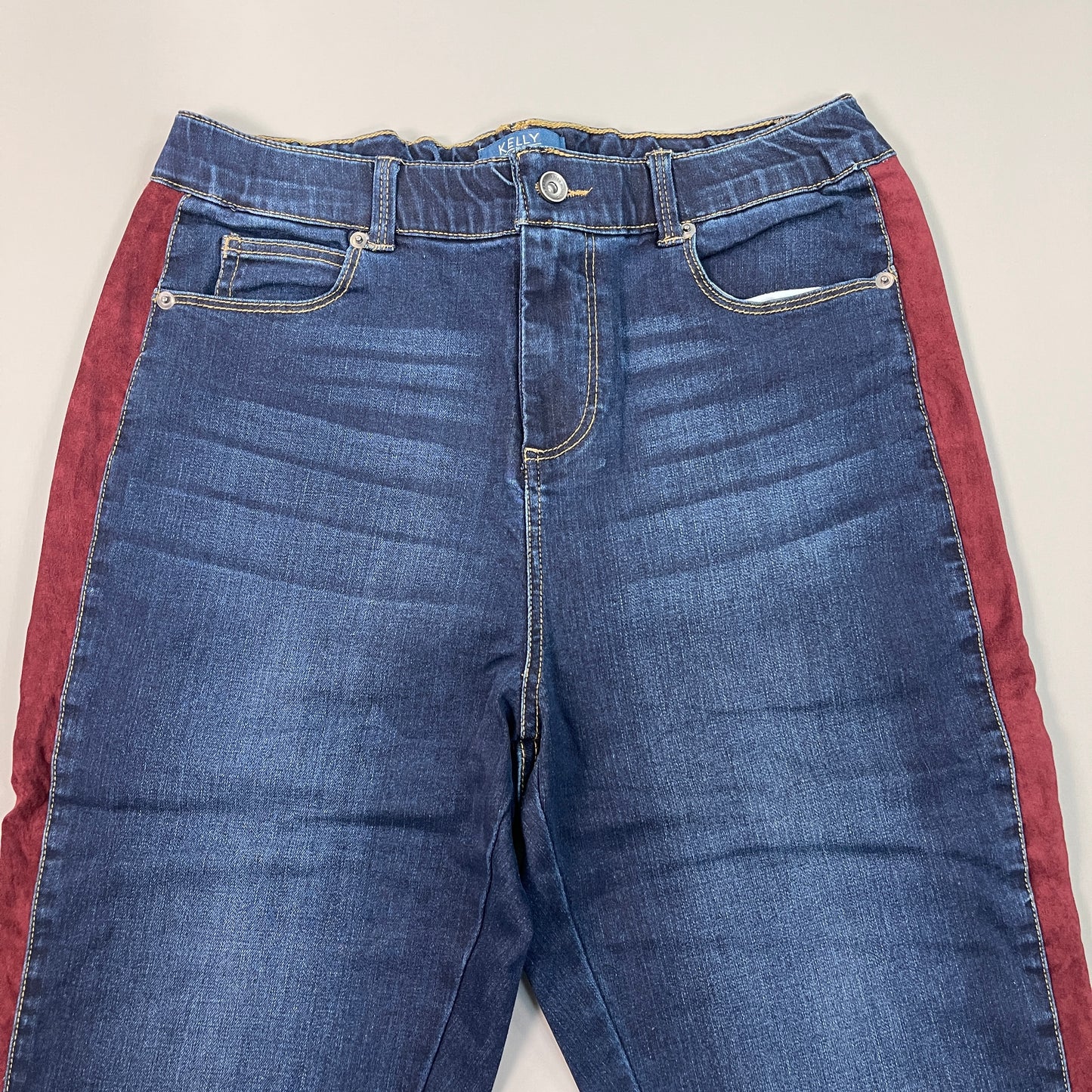 CLINTON KELLY Frayed Hem Jeans Women's Sz 10 Regular Dark Wash, Maroon Striped Side(New)