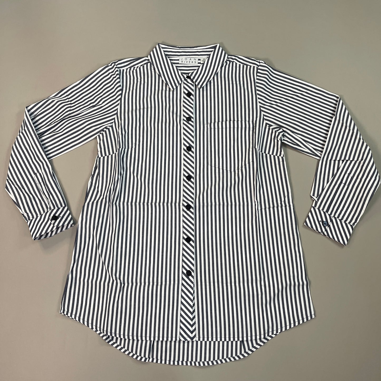 JOAN RIVERS Button Front Shirt w/ Tulie Back Detail Women's Sz XS White, Dk Blue (New)