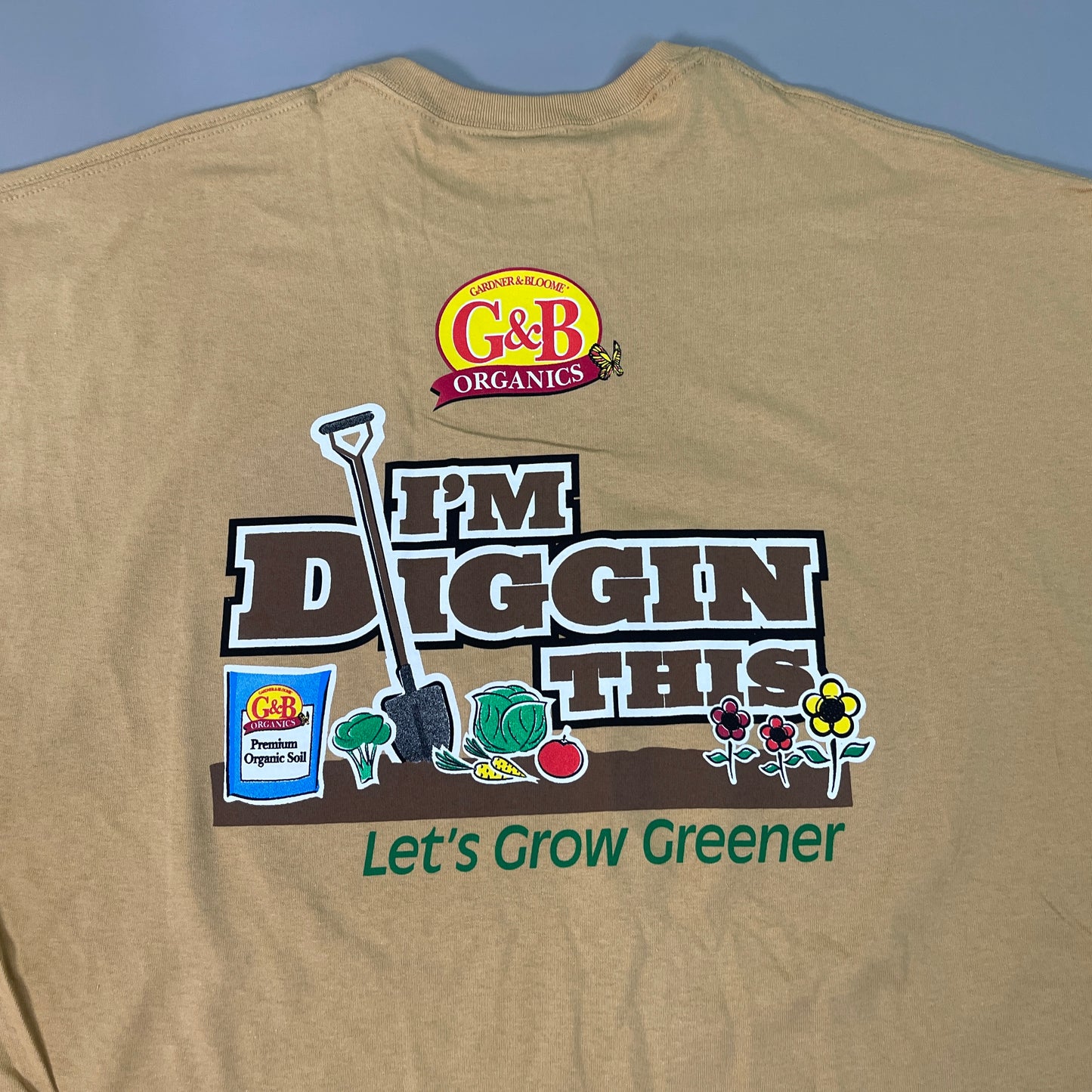 G&B Organics "I'm Diggin This" Logo T-shirt Unisex Sz 2XL Mustard Yellow (New)