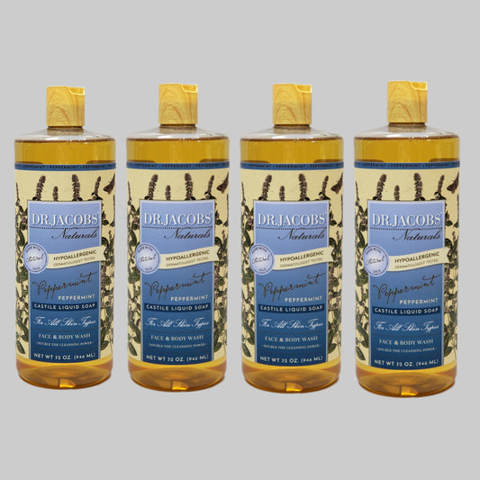 DR. JACOBS NATURALS Peppermint Castile Liquid Soap Lot of 4 - 32 oz Hypoallergenic (New)